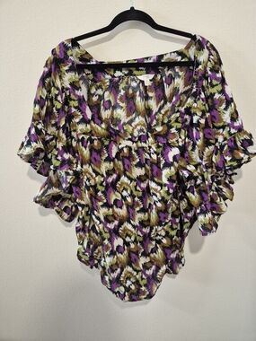 Terra & Sky Purple, Olive & Black Ruffle Sleeve Blouse